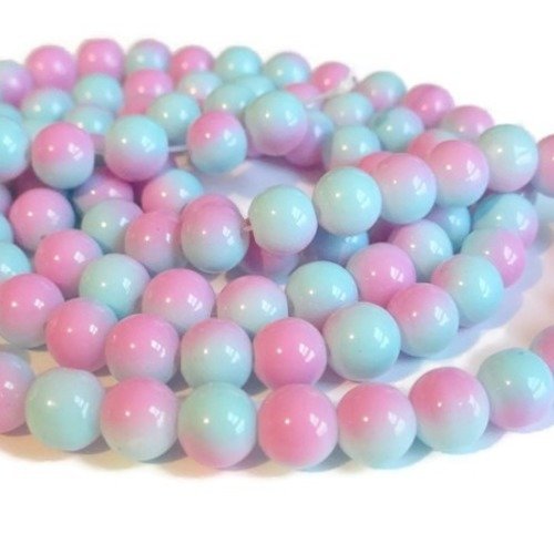 1 fil de 100 perles en verre bicolore bleu et rose  8mm
