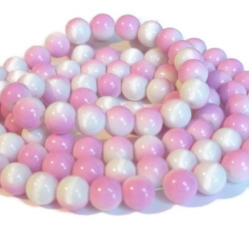 1 fil de 100 perles en verre bicolore blanc  et rose  8mm