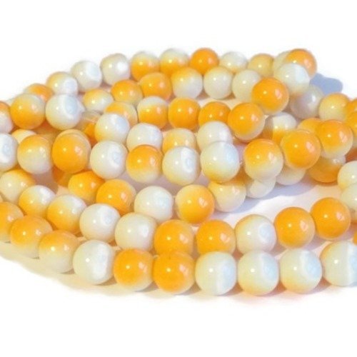1 fil de 100 perles en verre bicolore orange et blanc  8mm