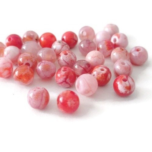 10 perles jade naturelle blanc rouge 6mm (a3b)