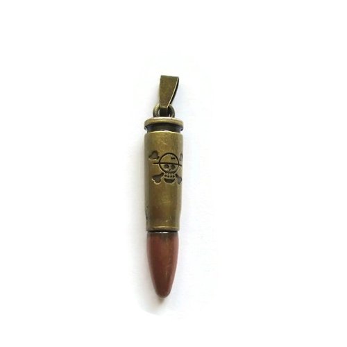 1 breloque balle de revolver en métal couleur bronze et cuivre  51x8 mm motif tête de mort