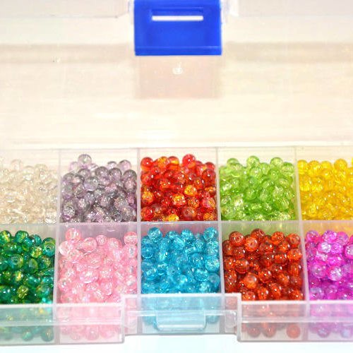 1 boite de 1600 perles craquelée en verre 4mm ( 160 perles de chaque couleur) 10 compartiments 
