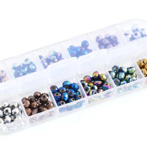 1 boite de 240 perles rondelle a facette en verre 6x5mm à 12 compartiments  mélange de couleur ( 40 de chaque couleur) 