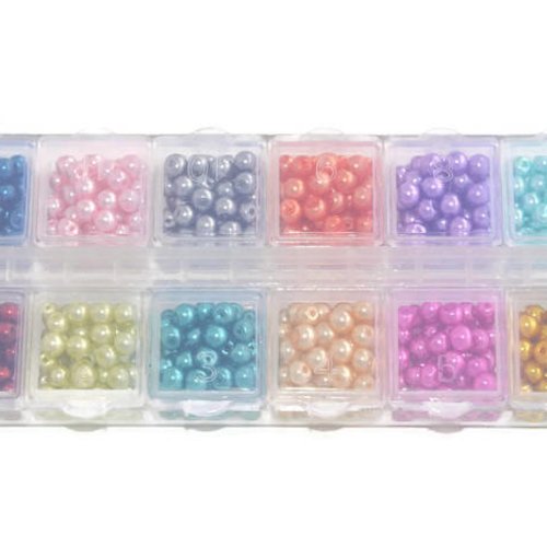 1 boite de 600 perles nacré en verre 4mm ( 50 perles de chaque couleur) 12 compartiments 