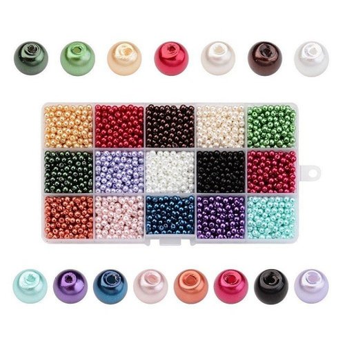 1 boite de 3600 perles en verre nacré 4mm à 15 compartiments  mélange de couleur (240 perles de chaque couleur) 