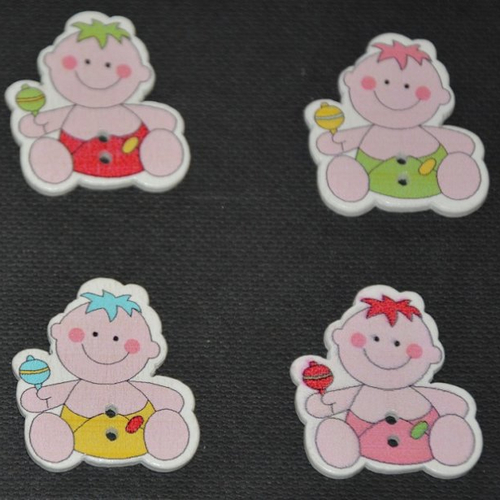 46 boutons en bois motif bébé multicolore 2 trous 25x30 mm