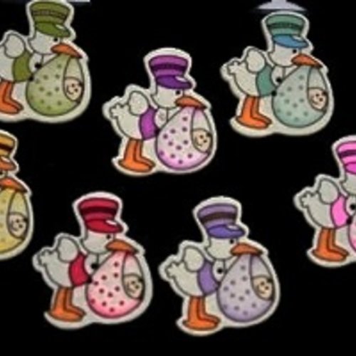 50 boutons en bois motif cigogne multicolore 2 trous 32x26mm