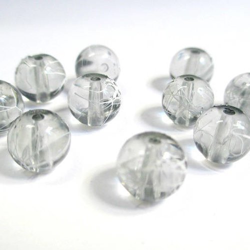 10 perles gris tréfilé blanc translucide 8mm