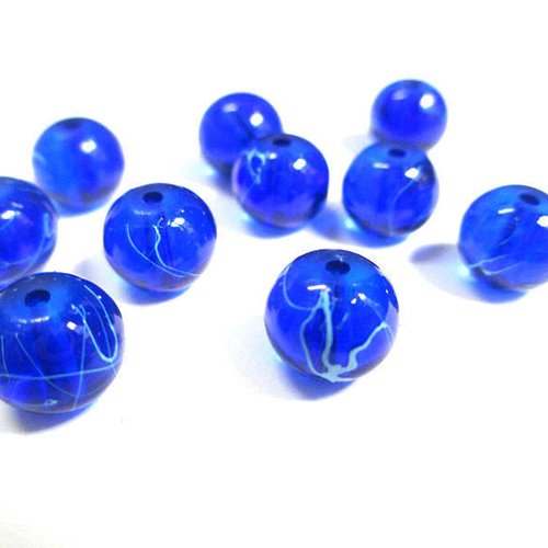 10 perles bleu tréfilé blanc translucide 8mm