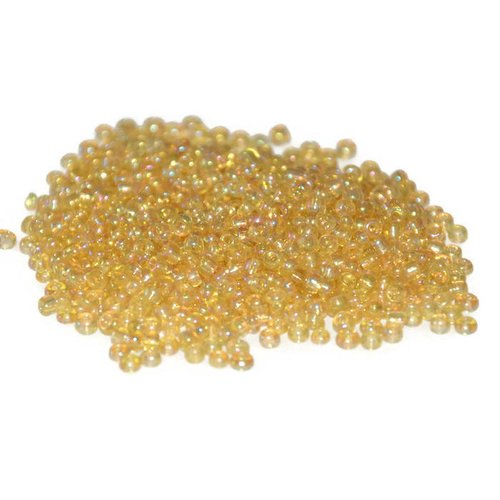 10gr perles de rocaille jaune reflets arc en ciel en verre  2mm environ 800 perles (ref23)