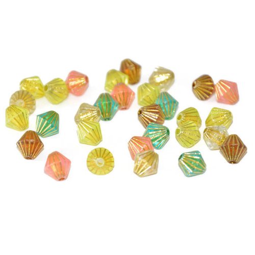 30 perles  toupies acrylique mélange de couleur  rayé doré  8x8 mm