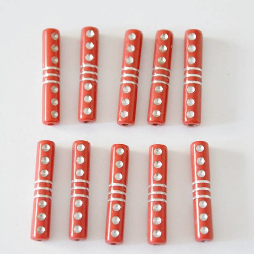 10 perles tube rouge acrylique tréfilé argenté 5x27mm