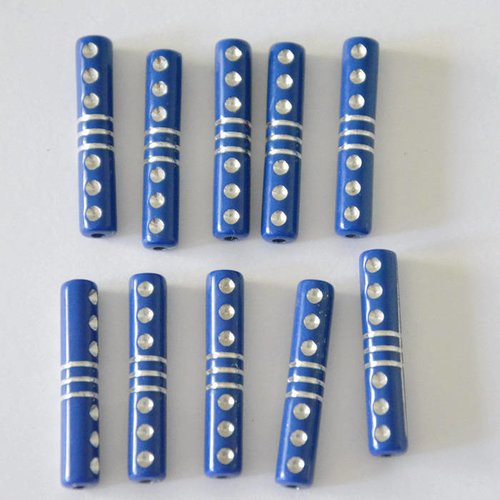 10 perles tube bleu foncé acrylique tréfilé argenté 5x27mm