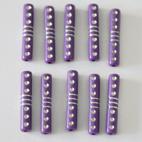 10 perles tube violet acrylique tréfilé argenté 5x27mm