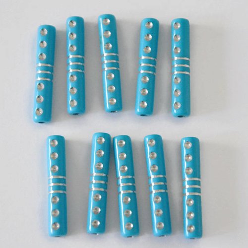 10 perles tube bleu acrylique tréfilé argenté 5x27mm