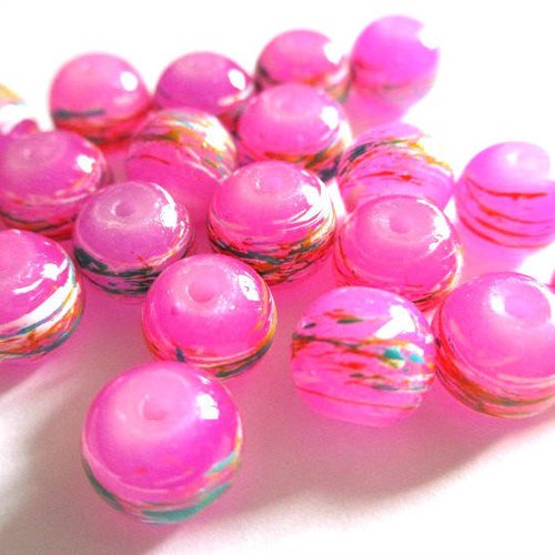 10 perles rose tréfilé multicolore en verre peint 8mm (b-21)