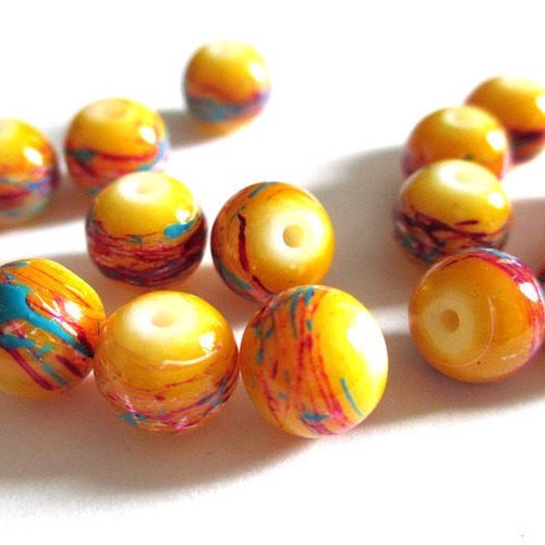 10 perles jaune tréfilé multicolore en verre peint 8mm (b-25)