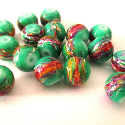 10 perles vert tréfilé multicolore en verre peint 8mm (c-24)