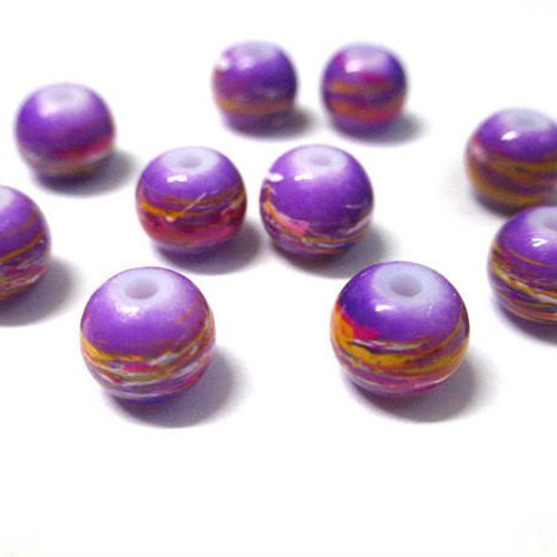 10 perles mauve tréfilé multicolore en verre peint 8mm (b-15)