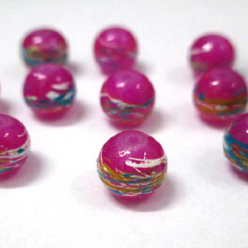 10 perles fuchsia tréfilé multicolore en verre peint 8mm (b-32)