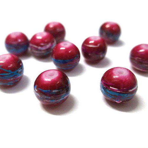 10 perles rouge cerise tréfilé multicolore en verre peint 8mm (c-20)
