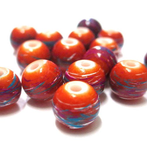 10 perles orange tréfilé multicolore en verre peint 8mm (b-31)