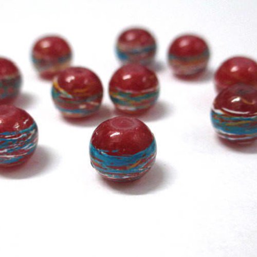 10 perles rouge tréfilé multicolore en verre peint 8mm (b-30)