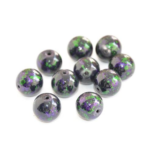 10 perles noires en verre mouchetées violet et vert 12mm