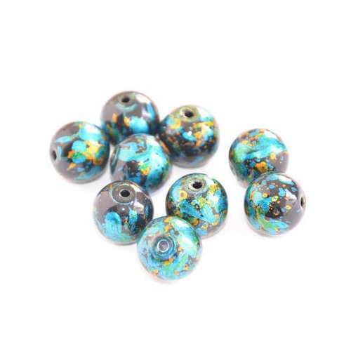 10 perles noires en verre mouchetées bleu et doré 12mm