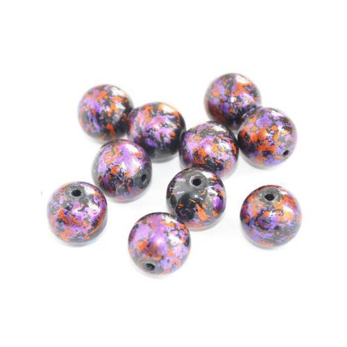 10 perles noires en verre mouchetées violet et orange 12mm