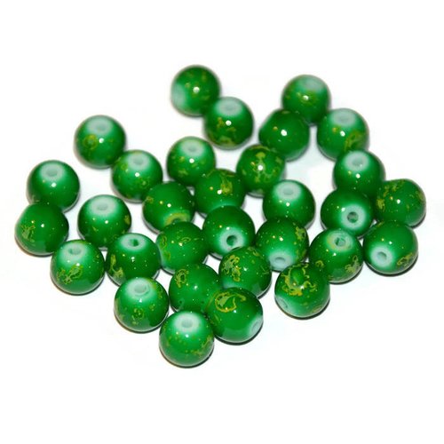 10 perles en verre couleur vert tacheté  jaune 8mm