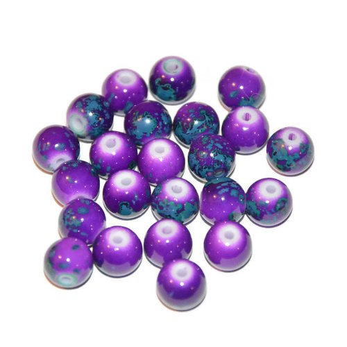 10 perles en verre couleur violet tacheté  vert 8mm