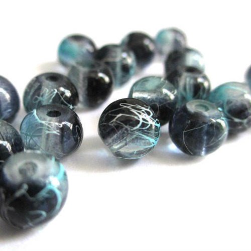 20 perles noir tréfilé  bleu et blanc 6mm ronde en verre