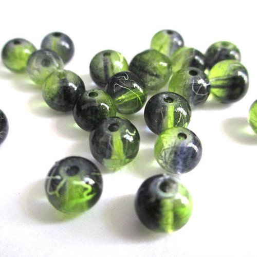 20 perles noir tréfilé vert et blanc 6mm ronde en verre