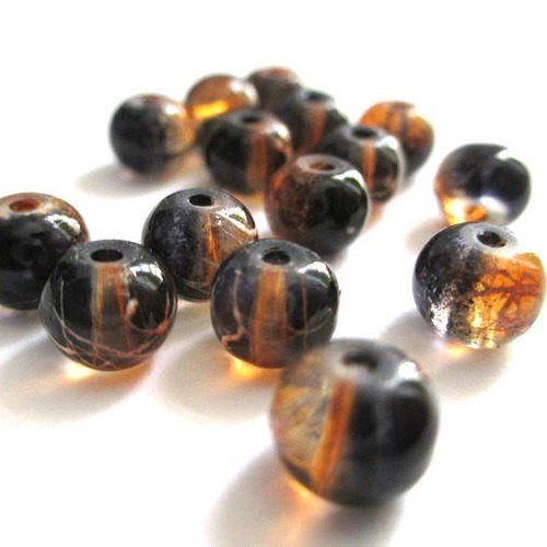 20 perles noir tréfilé  orange et blanc 6mm ronde en verre
