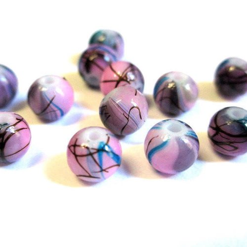 20 perles rose et bleu  tréfilé marron en verre peint 6mm
