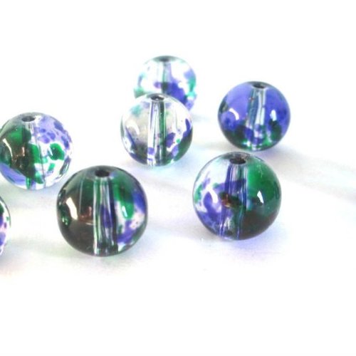 20 perles vert et bleu tréfilé translucide en verre  6mm