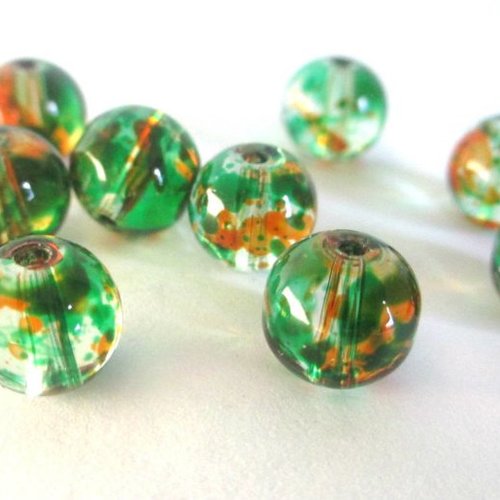 20 perles orange et vert tréfilé translucide en verre 6mm