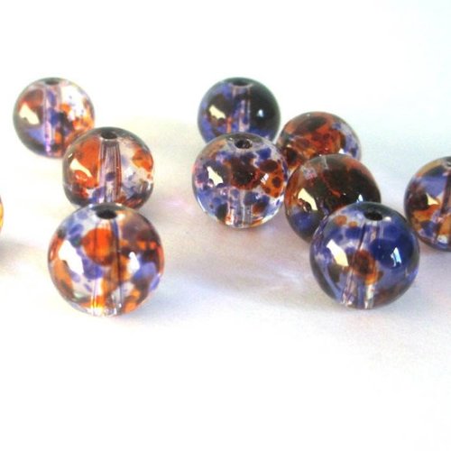 20 perles orange et violet tréfilé translucide en verre 6mm