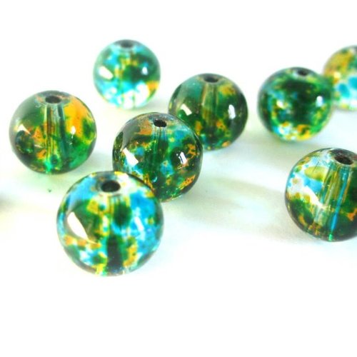 20 perles bleu vert et rouille tréfilé translucide en verre  6mm