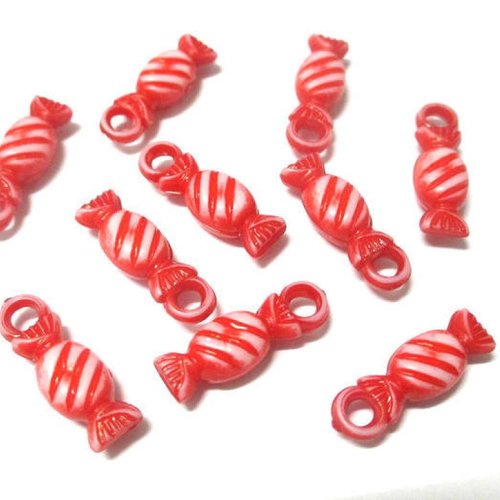 10 pendentifs acrylique forme bonbon 21x7mm couleur rouge