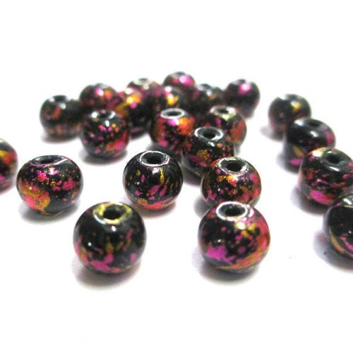 20 perles noir moucheté or et rose brillant en verre 6mm