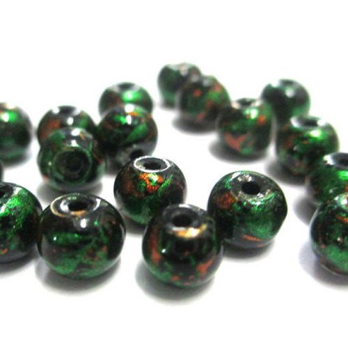 20 perles noir moucheté orange et vert brillant en verre 6mm