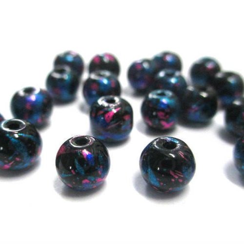 20 perles noir moucheté bleu et rose brillant en verre 6mm