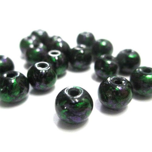20 perles noir moucheté vert et violet brillant en verre 6mm
