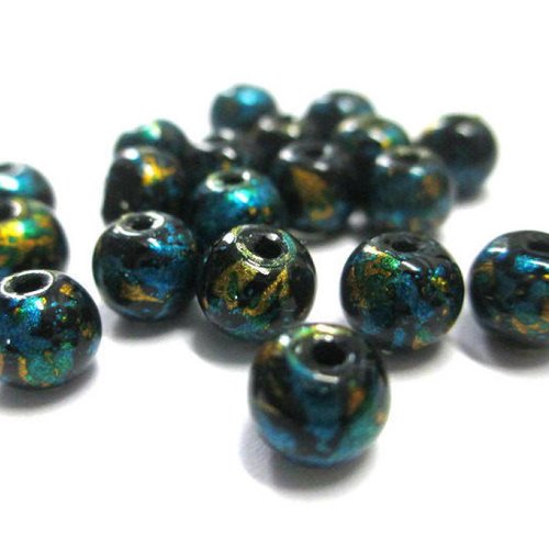 20 perles noir moucheté or et bleu brillant en verre 6mm