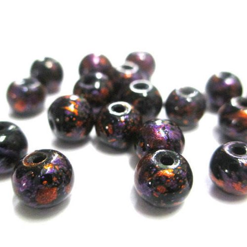 20 perles noir moucheté orange  et violet brillant en verre 6mm