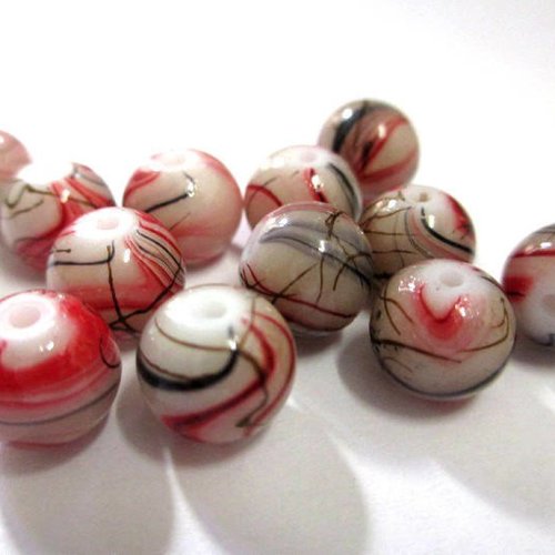 10 perles beige  tréfilé rouge et marron en verre peint 8mm