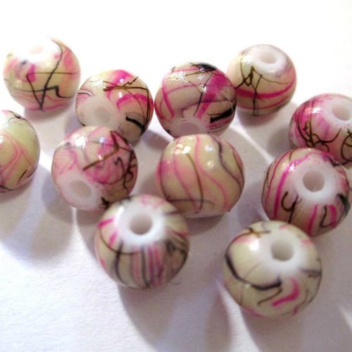 10 perles beige  tréfilé rose et marron en verre peint 8mm