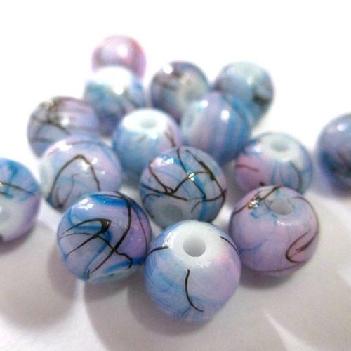 10 perles rose tréfilé bleu et marron en verre peint 8mm